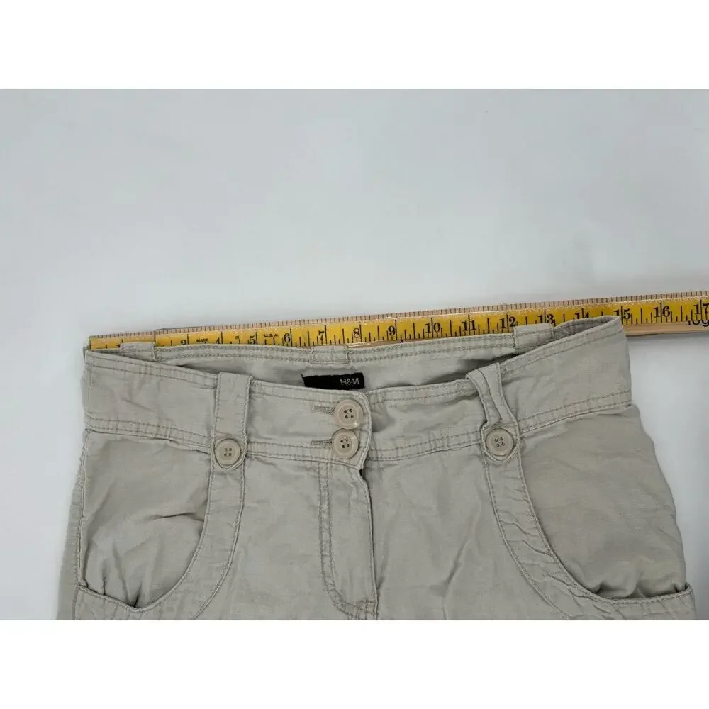 H&M Pants Womens 6 Beige Linen Cotton Pockets Straight Leg Comfort Mid Rise